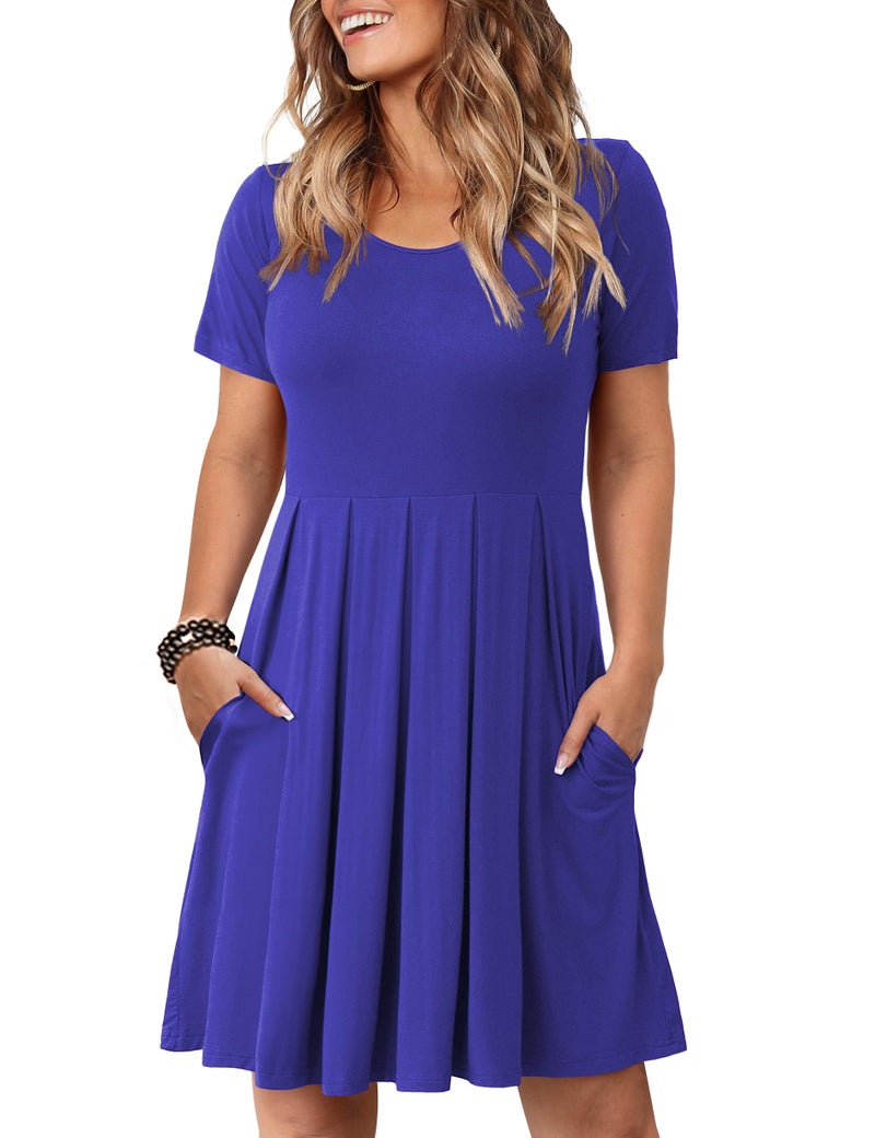 Tralilbee Women Plus Size Casual Loose Soft Crewneck Pockets Stretchy Swing T-Shirt Dress Royal Blue 3XL - Image 1